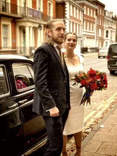 Bride and groom with Rover P4